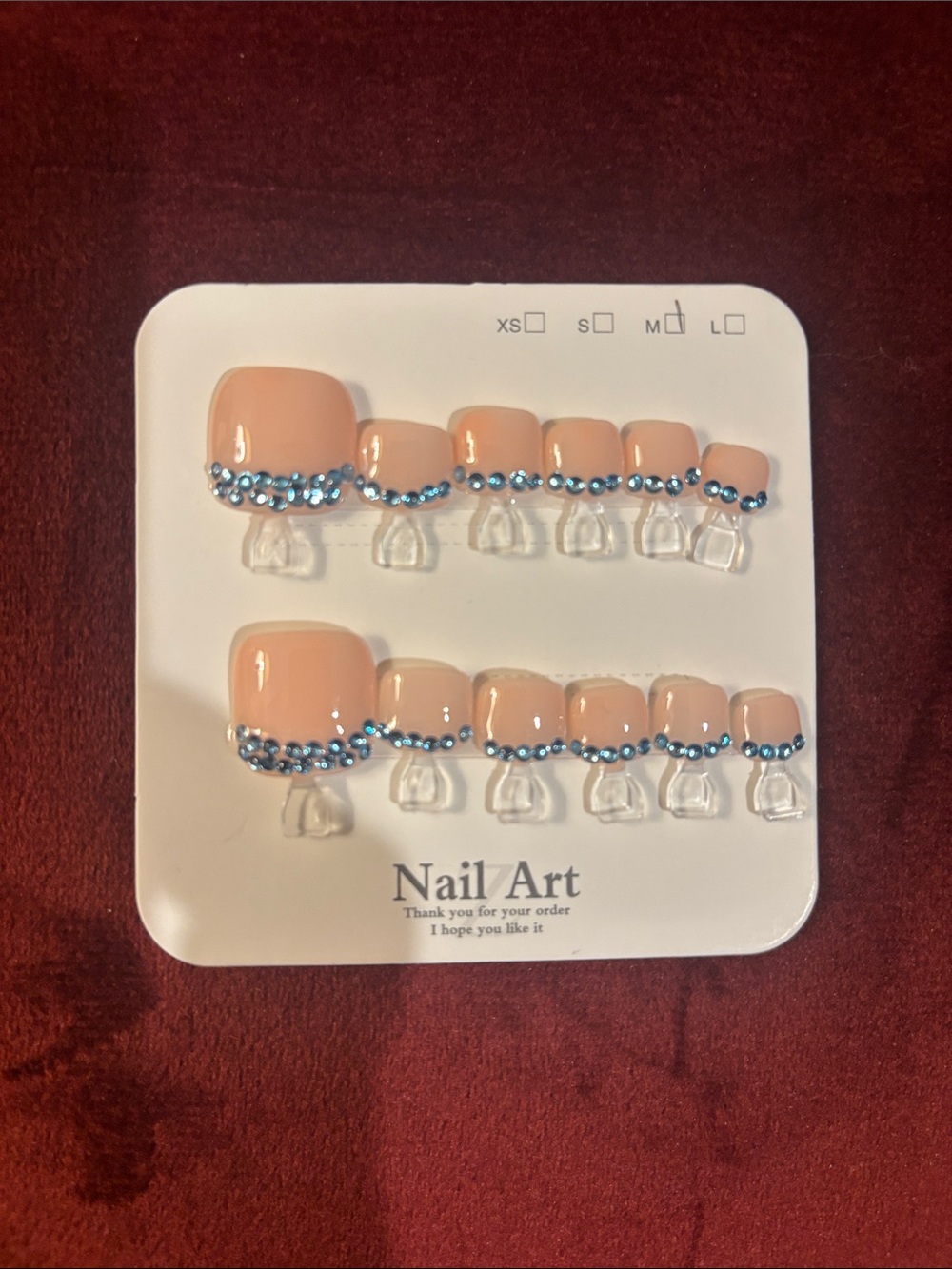 Nude Press-On Toenails with Blue Rhinestones